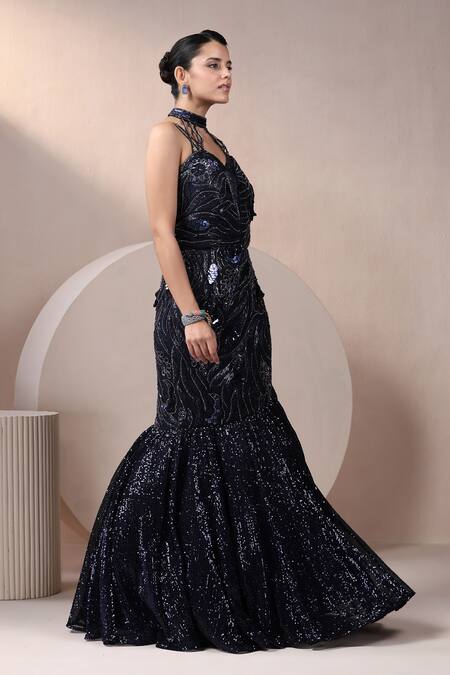 Buy_Chaashni By Maansi And Ketan_Blue Net, Silk Sequins, Cut Work, Stones Halter Neck Embroidered Fishcut Gown_Online_at_Aza_Fashions