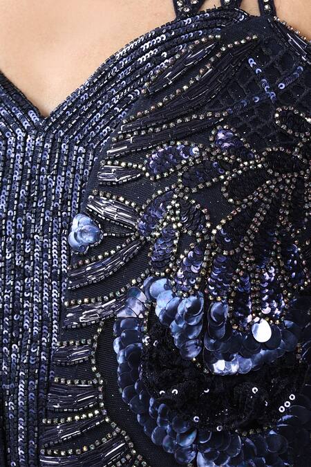 Chaashni By Maansi And Ketan_Blue Net, Silk Sequins, Cut Work, Stones Halter Neck Embroidered Fishcut Gown_at_Aza_Fashions