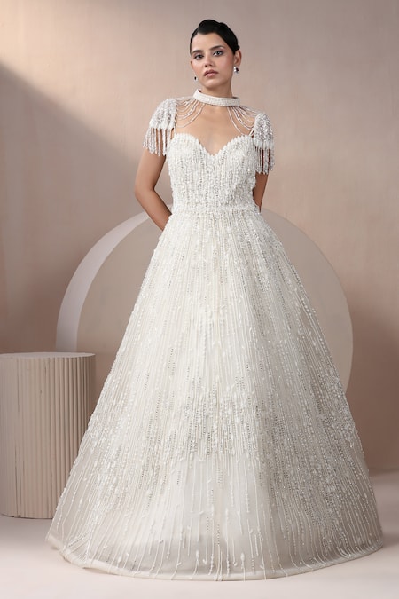 Buy_Chaashni By Maansi And Ketan_Off White Net Sequins Sweetheart Neck Embellished Gown With Cape _Online_at_Aza_Fashions