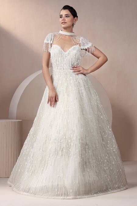Shop_Chaashni By Maansi And Ketan_Off White Net Sequins Sweetheart Neck Embellished Gown With Cape _Online_at_Aza_Fashions