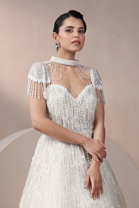 Buy_Chaashni By Maansi And Ketan_Off White Net Sequins Sweetheart Neck Embellished Gown With Cape 