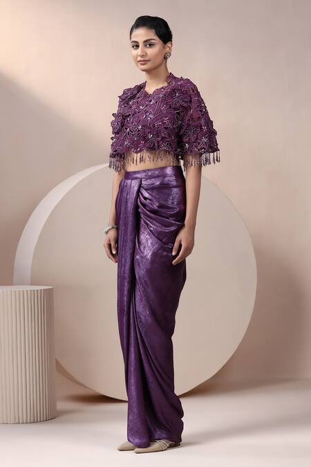 Shop_Chaashni By Maansi And Ketan_Purple Satin, Organza Pearls, Stones, Embellished Cape With Draped Skirt Set _Online_at_Aza_Fashions