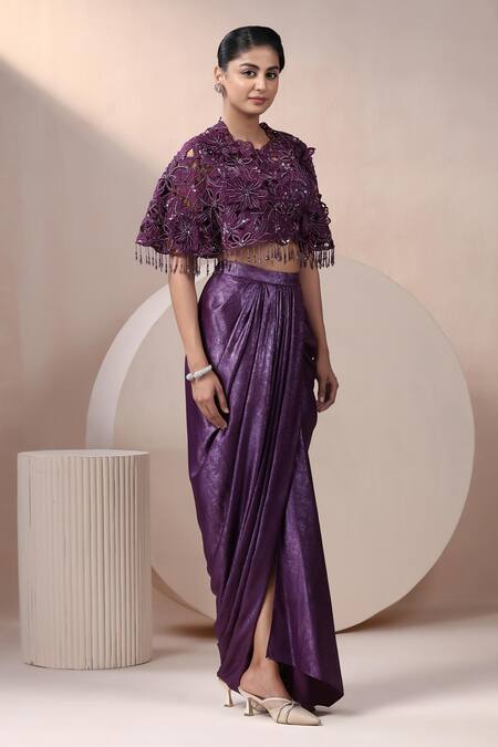 Chaashni By Maansi And Ketan_Purple Satin, Organza Pearls, Stones, Embellished Cape With Draped Skirt Set _at_Aza_Fashions