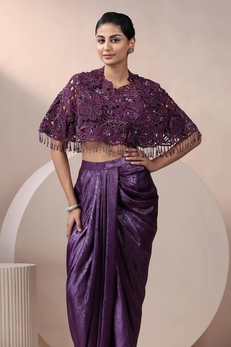Buy_Chaashni By Maansi And Ketan_Purple Satin, Organza Pearls, Stones, Embellished Cape With Draped Skirt Set 