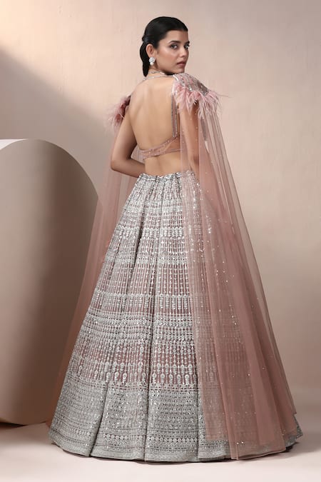 Chaashni By Maansi And Ketan_Pink Net Sequins, Stones, Zari, Cut Work Mirror Embellished Lehenga With Blouse _Online_at_Aza_Fashions