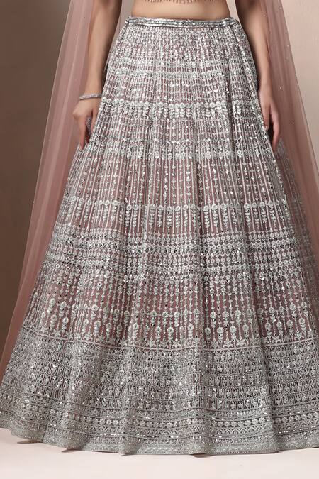 Buy_Chaashni By Maansi And Ketan_Pink Net Sequins, Stones, Zari, Cut Work Mirror Embellished Lehenga With Blouse _Online_at_Aza_Fashions