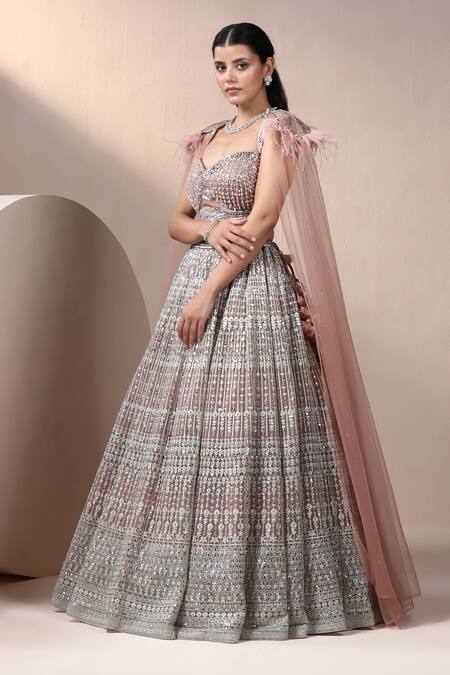 Shop_Chaashni By Maansi And Ketan_Pink Net Sequins, Stones, Zari, Cut Work Mirror Embellished Lehenga With Blouse _Online_at_Aza_Fashions