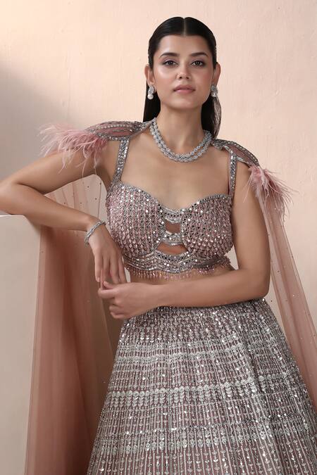 Chaashni By Maansi And Ketan_Pink Net Sequins, Stones, Zari, Cut Work Mirror Embellished Lehenga With Blouse _at_Aza_Fashions