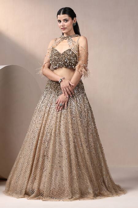 Chaashni By Maansi And Ketan_Gold Net, Silk Pearls, Sequins, Beads Plunge Embroidered Lehenga Set With Cape_Online_at_Aza_Fashions