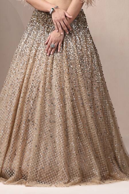 Buy_Chaashni By Maansi And Ketan_Gold Net, Silk Pearls, Sequins, Beads Plunge Embroidered Lehenga Set With Cape_Online_at_Aza_Fashions