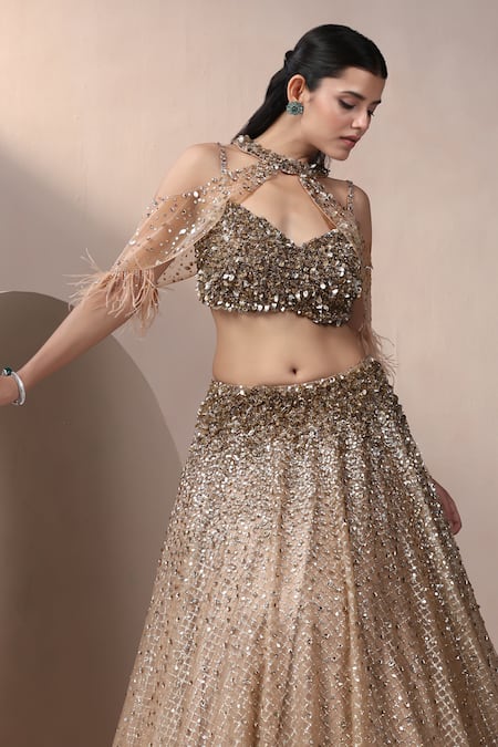 Chaashni By Maansi And Ketan_Gold Net, Silk Pearls, Sequins, Beads Plunge Embroidered Lehenga Set With Cape_at_Aza_Fashions