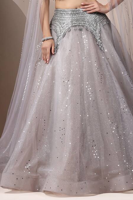 Buy_Chaashni By Maansi And Ketan_Grey Net Stones, Cut Work, Embroidery Plunge Neck Sequin Lehenga With Blouse_Online_at_Aza_Fashions