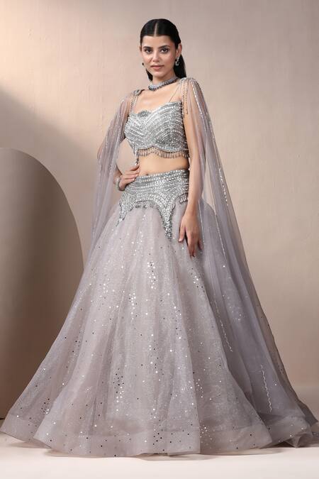 Shop_Chaashni By Maansi And Ketan_Grey Net Stones, Cut Work, Embroidery Plunge Neck Sequin Lehenga With Blouse_Online_at_Aza_Fashions