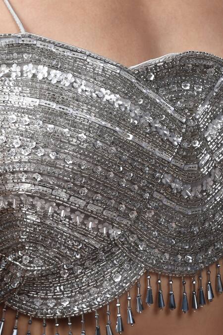 Buy_Chaashni By Maansi And Ketan_Grey Net Stones, Cut Work, Embroidery Plunge Neck Sequin Lehenga With Blouse