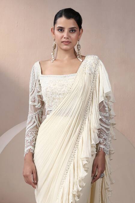 Buy_Chaashni By Maansi And Ketan_Ivory Georgette, Net Beads, Ruffle Detailed Pre-draped Saree With Blouse _Online_at_Aza_Fashions