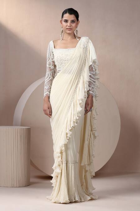 Shop_Chaashni By Maansi And Ketan_Ivory Georgette, Net Beads, Ruffle Detailed Pre-draped Saree With Blouse _Online_at_Aza_Fashions