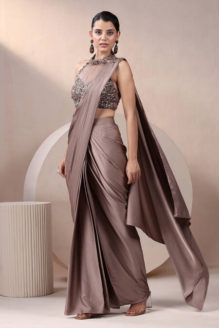 Chaashni By Maansi And Ketan_Purple Net, Satin, Silk Sequins, Chain Detailed Pre-draped Saree With Blouse_Online_at_Aza_Fashions