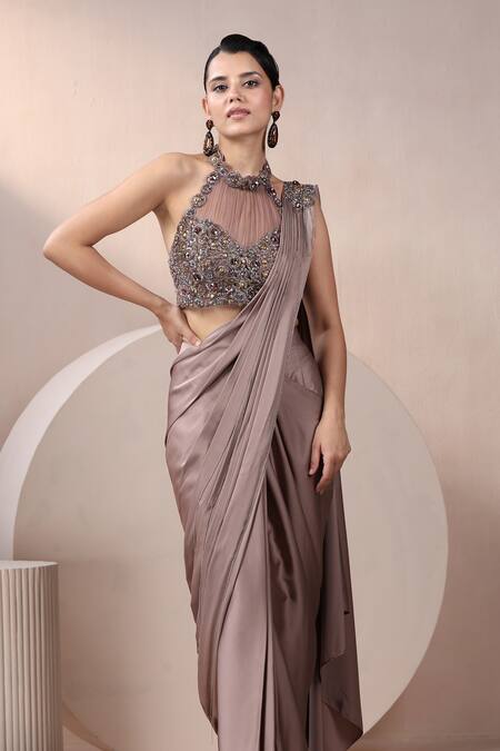 Buy_Chaashni By Maansi And Ketan_Purple Net, Satin, Silk Sequins, Chain Detailed Pre-draped Saree With Blouse_Online_at_Aza_Fashions