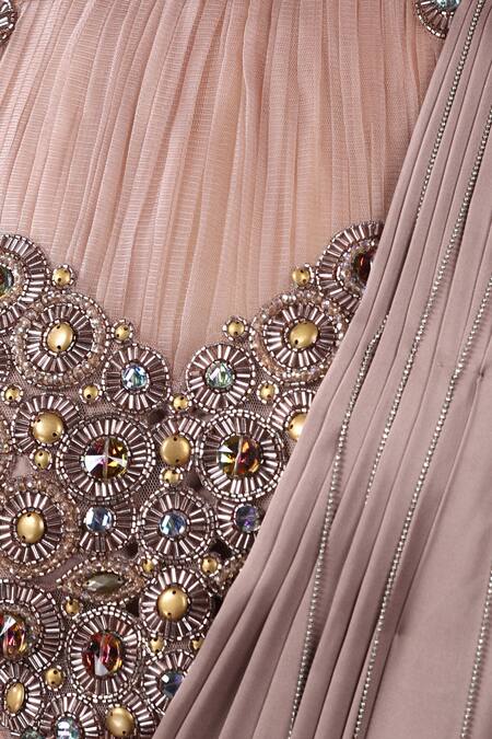 Shop_Chaashni By Maansi And Ketan_Purple Net, Satin, Silk Sequins, Chain Detailed Pre-draped Saree With Blouse_Online_at_Aza_Fashions