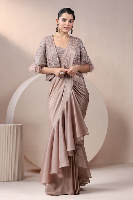 Chaashni by Maansi and Ketan Ruffle Detailed Pre-Draped Saree Set With Jacket 