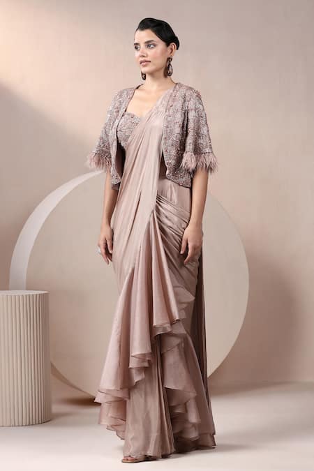 Shop_Chaashni By Maansi And Ketan_Purple Chiffon Beads, Pearls, Ruffle Detailed Pre-draped Saree Set With Jacket _Online_at_Aza_Fashions