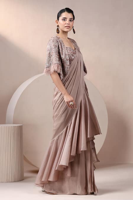 Chaashni By Maansi And Ketan_Purple Chiffon Beads, Pearls, Ruffle Detailed Pre-draped Saree Set With Jacket _at_Aza_Fashions