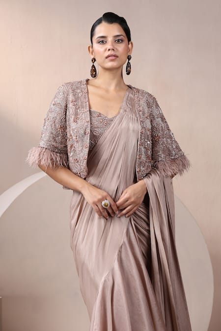 Buy_Chaashni By Maansi And Ketan_Purple Chiffon Beads, Pearls, Ruffle Detailed Pre-draped Saree Set With Jacket 