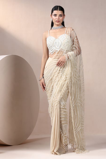 Chaashni by Maansi and Ketan Ivory Chinnon Chiffon Embroidered Pearl Bead Pre-draped Saree With Blouse 