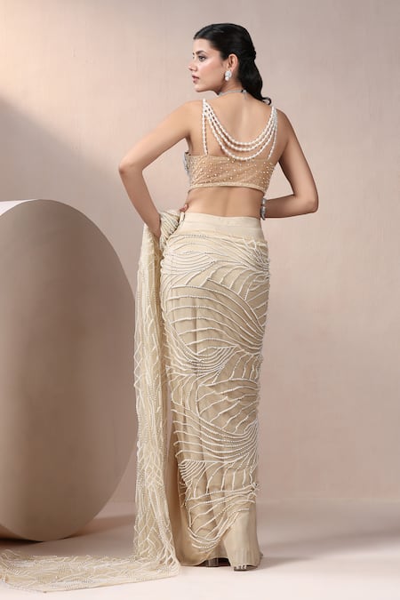 Chaashni By Maansi And Ketan Bead Embroidered Pre-Draped Saree With Blouse 
