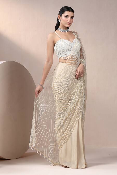 Shop_Chaashni By Maansi And Ketan_Ivory Net, Chiffon Pearls, Beads, Embroidered Pre-draped Saree With Blouse _Online_at_Aza_Fashions