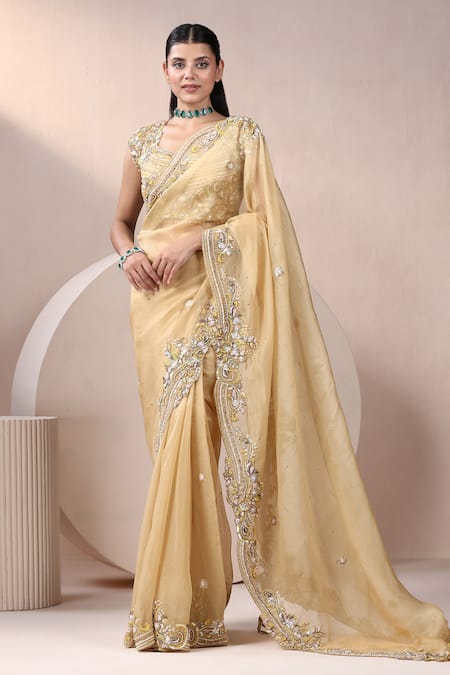 Chaashni by Maansi and Ketan Yellow Pure Organza Embellished Pearl Leaf Hem Saree With Blouse 