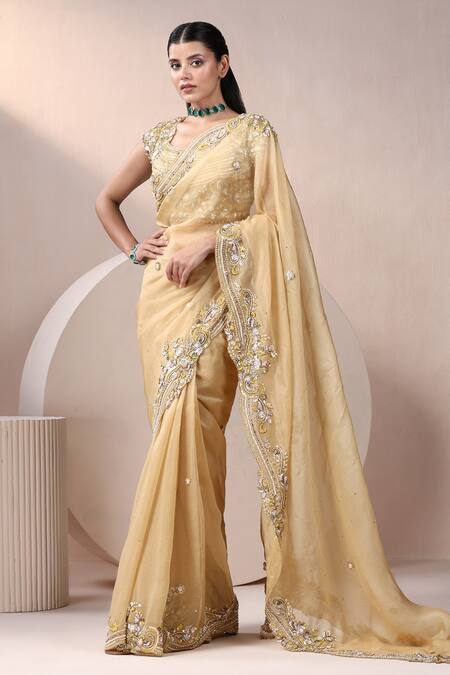 Buy_Chaashni By Maansi And Ketan_Yellow Organza, Net Beads, Sequins, Stones, Embellished Hem Saree With Blouse _Online_at_Aza_Fashions