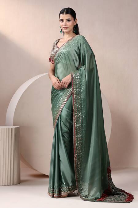 Buy_Chaashni By Maansi And Ketan_Green Organza Pearls, Sequins Plunge Neck Embroidered Hem Saree With Blouse _Online_at_Aza_Fashions
