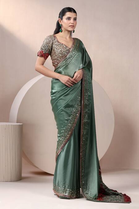 Shop_Chaashni By Maansi And Ketan_Green Organza Pearls, Sequins Plunge Neck Embroidered Hem Saree With Blouse _Online_at_Aza_Fashions