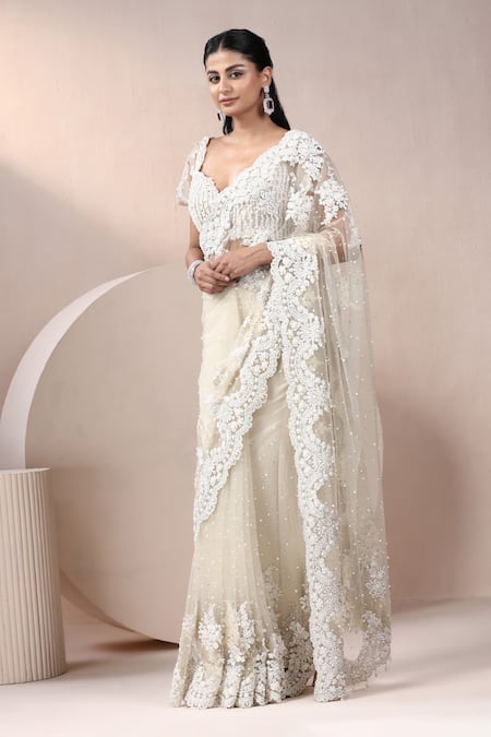 Buy_Chaashni By Maansi And Ketan_Off White Net Sequins, Pearls Plunge Embroidered Scallop Hem Saree With Blouse _Online_at_Aza_Fashions