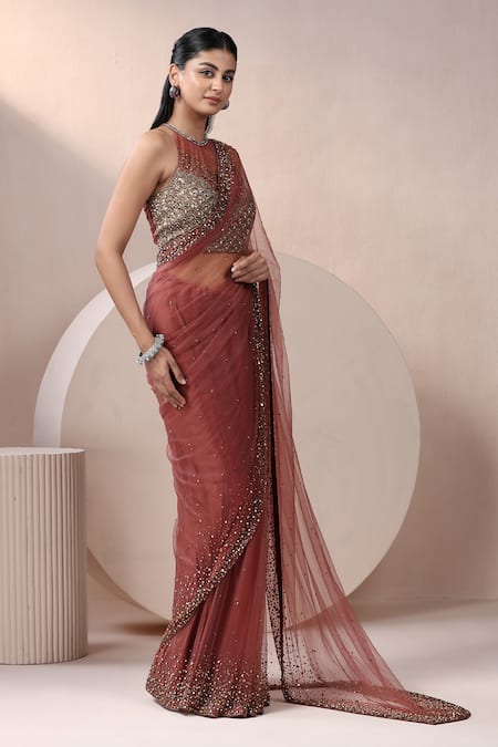 Shop_Chaashni By Maansi And Ketan_Brown Net Stones, Sequins, Pearls Scattered Embroidered Saree With Blouse _Online_at_Aza_Fashions