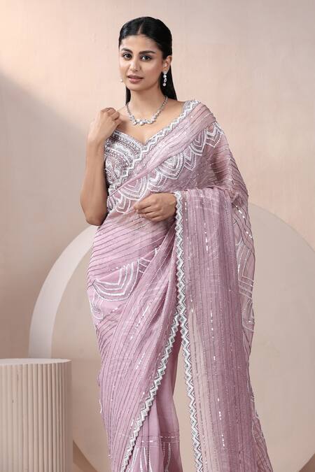 Buy_Chaashni By Maansi And Ketan_Purple Net, Silk , Cut Work, Cutdana Saree With Blouse _Online_at_Aza_Fashions