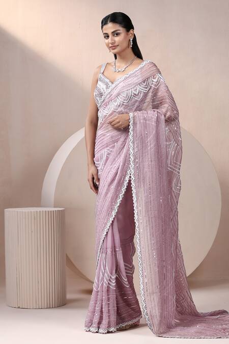 Shop_Chaashni By Maansi And Ketan_Purple Net, Silk , Cut Work, Cutdana Saree With Blouse _Online_at_Aza_Fashions