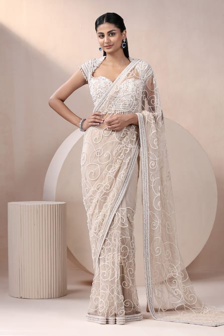 Chaashni by Maansi and Ketan Pearl Embroidered Saree With Blouse 