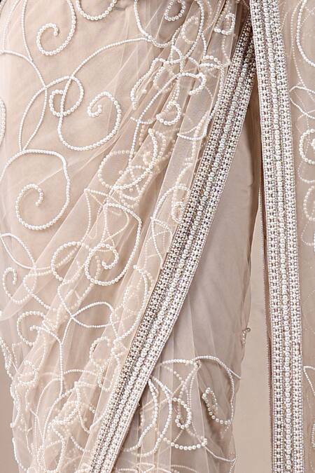 Buy_Chaashni By Maansi And Ketan_Beige Net Pearls, Sequins, Beads Sweetheart Neck Embroidered Saree With Blouse _Online_at_Aza_Fashions