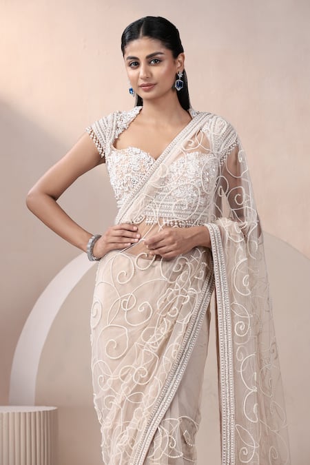 Shop_Chaashni By Maansi And Ketan_Beige Net Pearls, Sequins, Beads Sweetheart Neck Embroidered Saree With Blouse _Online_at_Aza_Fashions