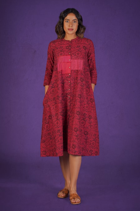 MANTRA Red Handloom Cotton Mangalgiri Print Bloom Mandarin Pomegranate Symphony Dress 