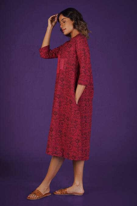 Mantra_Red Handloom , Patchwork Mandarin Collar Pomegranate Symphony Dress _Online_at_Aza_Fashions