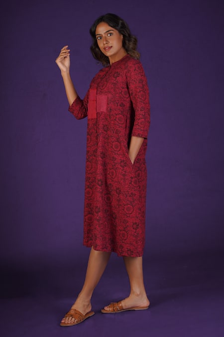 Buy_Mantra_Red Handloom , Patchwork Mandarin Collar Pomegranate Symphony Dress _Online_at_Aza_Fashions