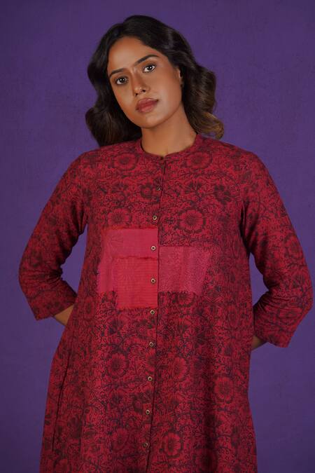 Shop_Mantra_Red Handloom , Patchwork Mandarin Collar Pomegranate Symphony Dress _Online_at_Aza_Fashions
