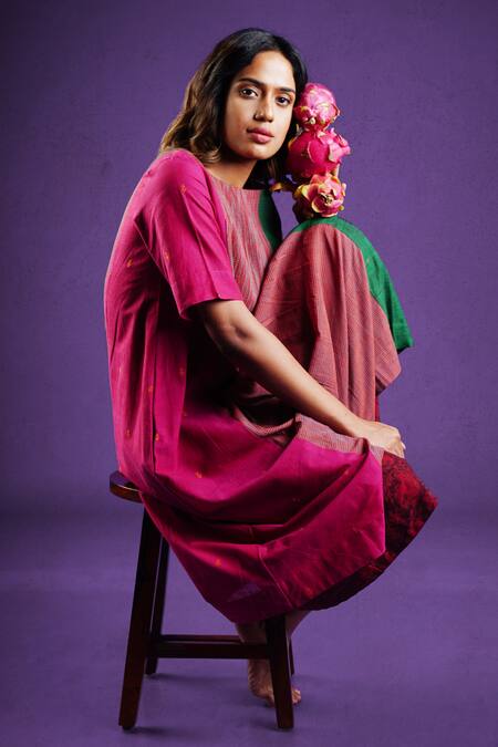 Buy_Mantra_Multi Color Handloom , Boat Neck Pintuck Play Colorblock Dress _Online_at_Aza_Fashions