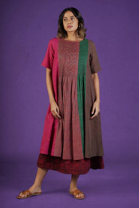 Shop_Mantra_Multi Color Handloom , Boat Neck Pintuck Play Colorblock Dress _Online_at_Aza_Fashions