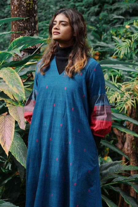 Mantra_Blue Handloom Cotton Patchwork Candle Motif Pattern Balloon Sleeves Midi Dress _Online_at_Aza_Fashions