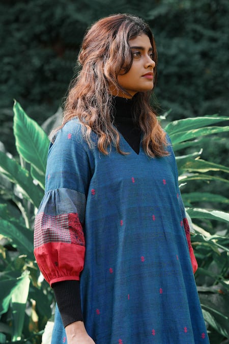 Shop_Mantra_Blue Handloom Cotton Patchwork Candle Motif Pattern Balloon Sleeves Midi Dress _Online_at_Aza_Fashions