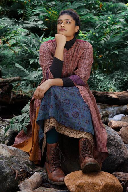 Mantra_Purple Handloom Cotton Mandarin Gingham Checkered And Motif Pattern Midi Dress _Online_at_Aza_Fashions